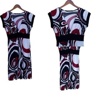 Soprano Dress M White Red Stretch Cap Empire Retro Mod‎ Circle Print Made USA
